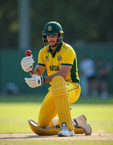 Give me a yellow jersey with AUS written on it. The cricket player is wearing white sneakers and a dark green helmet. He turns his head to look at the camera, bends down, kneels, holds the cricket ball with both hands, and swings the cricket ball.，Showing ...