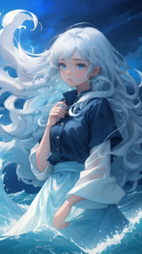 A beautiful, cute girl with a worried expression, trying to hold onto a handful of bitcoins as they cascade down from a stormy blue sky. The background is filled with swirling blue clouds and choppy waves, symbolizing financial instability. The words Weak ...