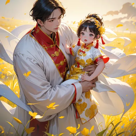 A one-year-old baby boy in an ancient Chinese baby costume with his beautiful mother, dressed in an white ancient Chinese costume, Standing in the midst of a field of bright yellow gold fields, There are some floating clouds, playing with each other, with ...