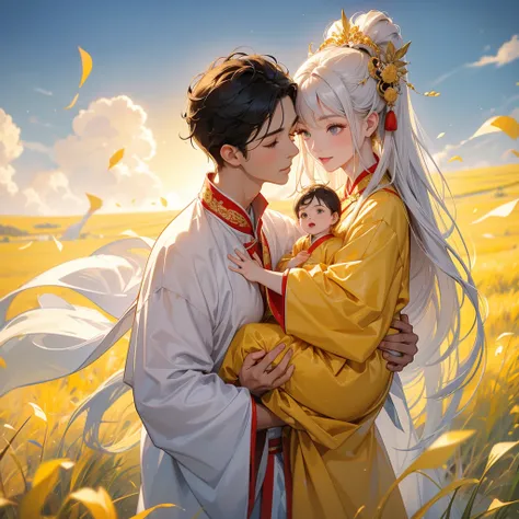 A one-year-old baby boy in an ancient Chinese baby costume with his beautiful mother, dressed in an white ancient Chinese costume, Standing in the midst of a field of bright yellow gold fields, There are some floating clouds, playing with each other, with ...