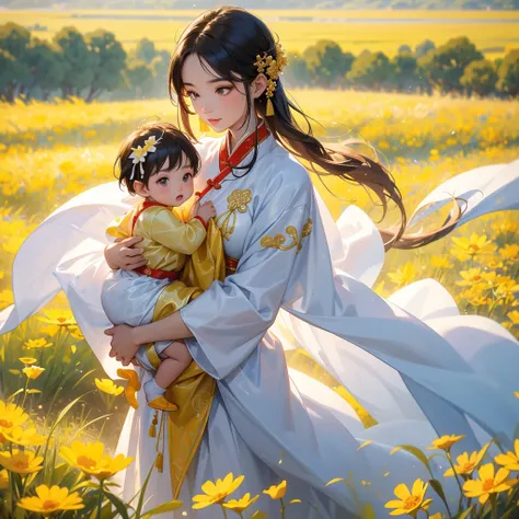 A one-year-old baby boy in an ancient Chinese baby costume with his beautiful mother, dressed in an white ancient Chinese costume, Standing in the midst of a field of bright yellow gold fields, There are some floating clouds, playing with each other, with ...