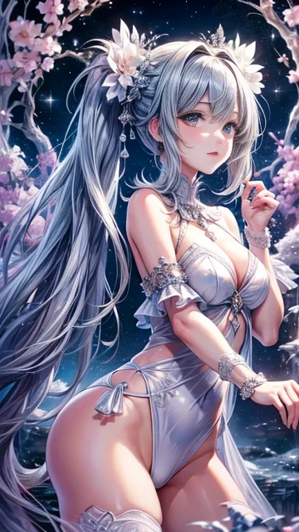 Official Art, unity 8k wallpaper, Very detailed, Beautiful and visually appealing, masterpiece, Highest quality, Gentle Moon Princess, (2 elegant and intricate hairstyles, One is dumplings、The other features two long pigtails), Crescent Moon, Dynamic Angle...