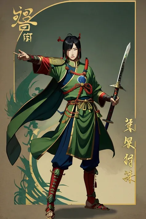 Cao Cao,man,Wearing Chinese warrior costume,holding a sword,stand,Put on the green Chinese warrior shoes