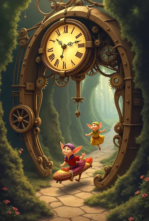 Inside the wall clock，The gears are turning，Aerial，The time elves are chasing the speeding spherical cockpit，Disney，3d，soft，fairy tale