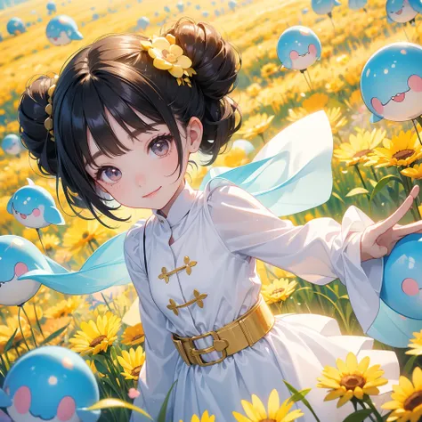 A chibi child girl had a small face and wearing a white little tourist priest’s outfit, a pair of big round eyes shone with curiosity about him. This child was so cute, her hair is black with buns on her hair. Small chibi , chibi baby, smiling , chibi. 

S...