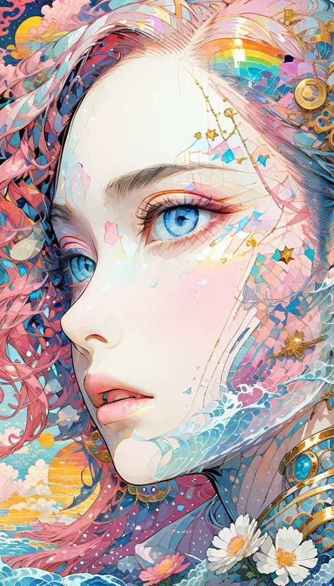 (Japanese girl:1.3), beautiful detailed eyes, beautiful detailed lips, extremely detailed eyes and face, long eyelashes, upper body, from side, looking at viewer, (fractal art:1.3), (rainbow color hair, colorful hair, half blue and half pink hair:1.2), wat...