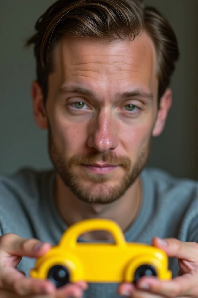 A 28 year old man with neat thin hair, take a photo with a yellow Brio car