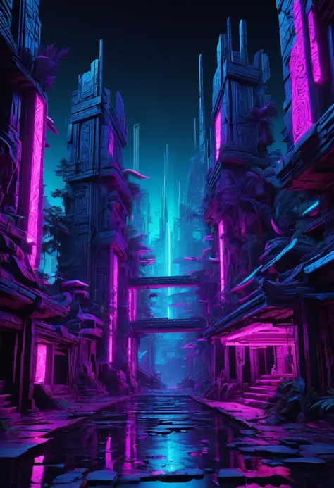 T-shirt design, a 3D digital model of a futuristic  tribal rain forest with tribals and shamans  ruins of broken ancient temples and skulptors cryptic tribal symbols glowing in  neon lights, in the style of a cyberpunk aesthetic, neon blues, purples, and p...