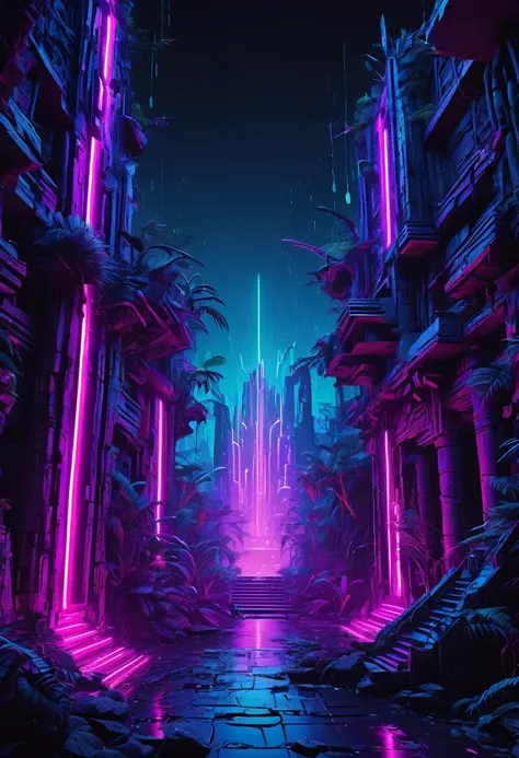 T-shirt design, a 3D digital model of a futuristic  tribal rain forest with tribals and shamans  ruins of broken ancient temples and skulptors cryptic tribal symbols glowing in  neon lights, in the style of a cyberpunk aesthetic, neon blues, purples, and p...