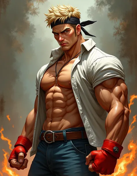 1man, naughty heroic guy in fighting game, great muscular, solid chinpira, gallant yarichin, blonde hair, brown eyes, crewcut, BREAK sanpaku, sharp eyes, thick abs, BREAK (backwards hat, blue cap, open shirt, cropped shirt, red collared shirt, sleeveless s...