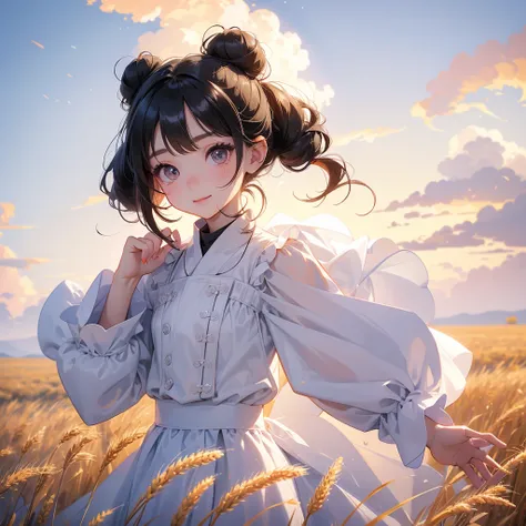 A chibi child girl had a small face and wearing a little tourist priest’s outfit, a pair of big round eyes shone with curiosity about him. This child was so cute, her hair is black with buns on her hair. Small chibi , chibi baby, smiling , chibi. 

Standin...