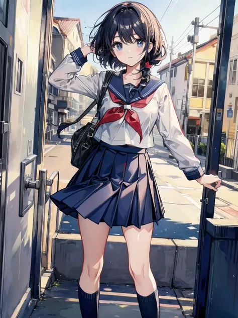 school_uniform, navy blue skirt,