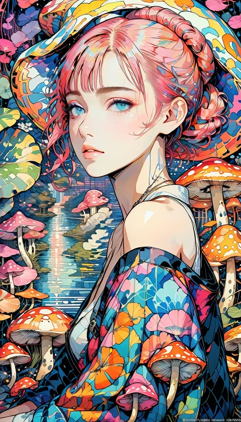 1girl,beautiful 18 year old girl,pink hair in a bun,bare shoulders,sitting on a giant mushroom,elegant,chic,modern,fashionable,muted colors,soft lighting,art nouveau,psychedelic anime style,colorful,trippy,(best quality,4k,8k,highres,masterpiece:1.2),ultra...