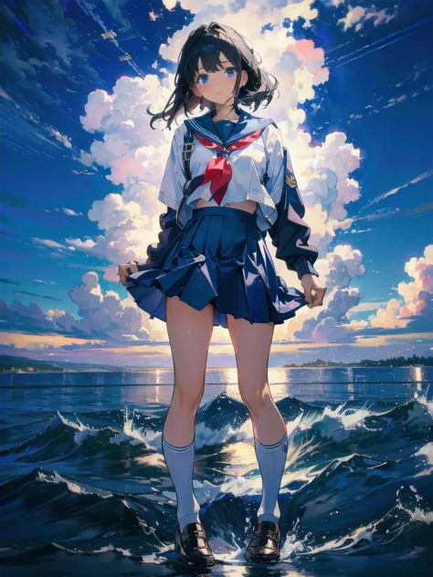 Highest quality, masterpiece, Clearer images, school_uniform, navy blue skirt,