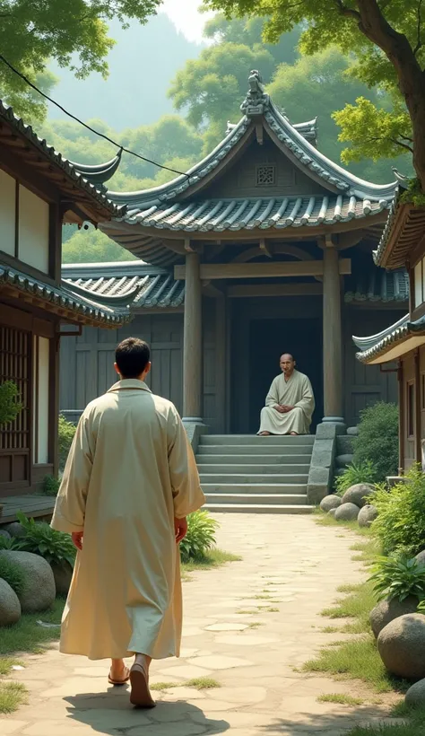 The Mans Visit to the Monk
Visual: The man walking through the village and arriving at a serene temple where a wise monk sits peacefully.
The man has black hairs and is clean-shaved and he is wearing a very simple off-white colour cloth.