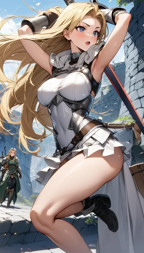 Ultra-high definition image quality、beautiful girl、Female Swordsman、Light Armor、Griepputz、Long Hair、blonde、20-year-old、Be confident々face、Very short tight skirt、Sexy posture、Cowgirl、wilderness、Highest quality,Big Ass、Big Breasts、Thighs、Grasping the hilt of ...