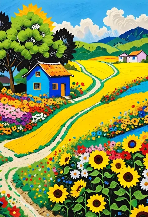 A painting：(((Colorful black，Chalk painting，Oil stick painting，flight，Thick coating，Uneven texture，Plaster texture，Graffiti)))。，The winding path leads to the small house，Sunflowers on the roadside，Vibrant gouache landscape, Colorful scene, colorful、Rich in...