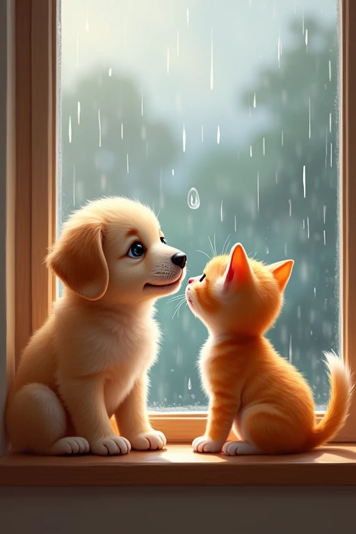 Puppy and kitten watching the rain through the window
