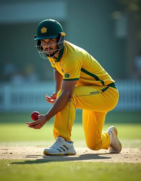 Give me a yellow jersey with AUS written on it. The cricket player is wearing white sneakers and a dark green helmet. He turns his head to look at the camera, bends down, kneels, holds the cricket ball with both hands, and swings the cricket ball.，顶光drop s...