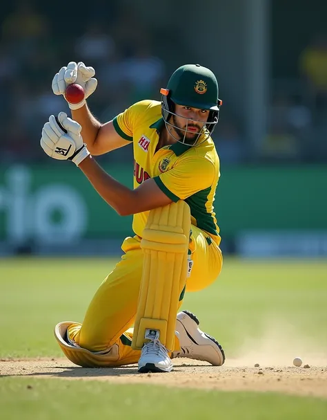 Give me a yellow jersey with AUS written on it. The cricket player is wearing white sneakers and a dark green helmet. He turns his head to look at the camera, bends down, kneels, holds the cricket ball with both hands, and swings the cricket ball.，顶光drop s...