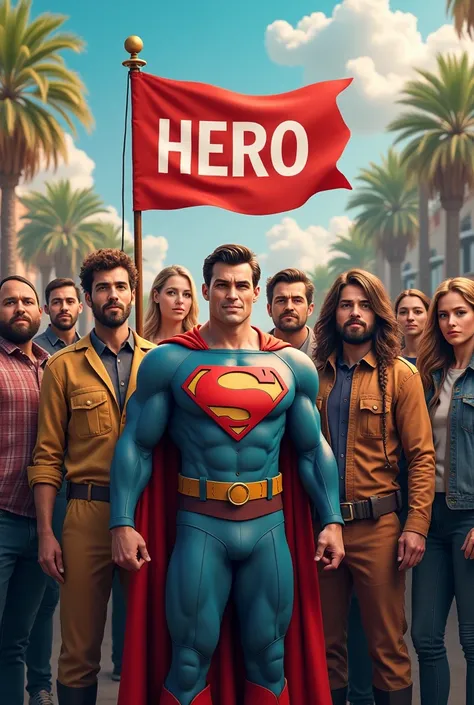 Create a 4K image, which shows a diverse group of everyday heroes from different countries. In the middle is a banner with the text &#39;Hero&#39;