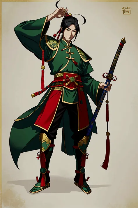 Cao Cao,man,Wearing Chinese warrior costume,holding a sword,stand,Put on the green Chinese warrior shoes