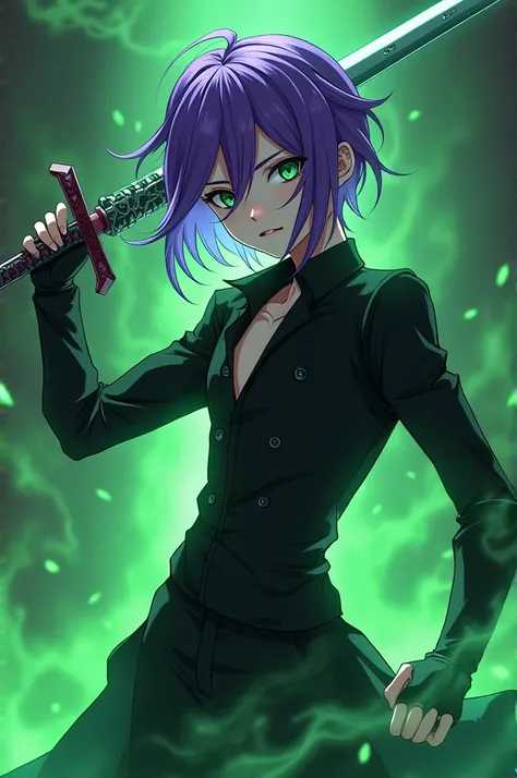 I want you to make an anime of a vampire boy who has purple hair and a sword and has green smoke around him.