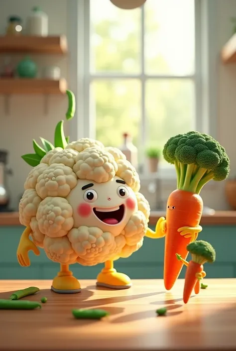 Generate an image of a cute happy cauliflower talking to a carrot broccoli and some peas in the background in a well lit kitchen