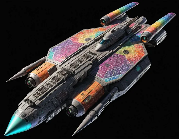 An full image of a giant heavily armored futuristic flying all terrain mothership, covered in rainbow batik pattern and glowing javanese runic symbols, automatic turrets, missile banks, missile defense system, multi-port rear engine arrays,  large pivoted ...