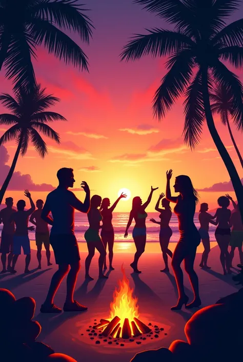 Beach party with dancing people as silhouette, there is a dj and a campfire, the whole thing takes place on the beach, in the background you can see water and a sunset, There are trees on the sides but no palm trees. Leave space for writing in the lower th...