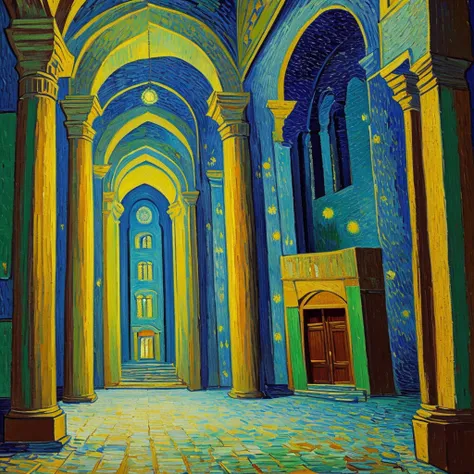 create a painting canvas with visible paint strokes (be inspired by Van Gogh). This portrait must contain a temple, the inside of an Arab prayer temple.