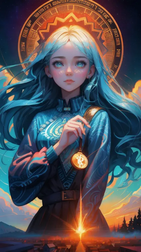  a beautiful girl reaching for a coin in the sky, looks worried and is being shaken up, symbolizing someone who is easily scared out of their investments. inspired by Cyril Rolando, dan mumford and alex grey style, in style of cyril rolando, bitcoin evil, ...