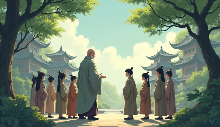 Chinese Old monk sensei standing, ​monk students visiting, surrounded by temples, beautiful trees, in anime style