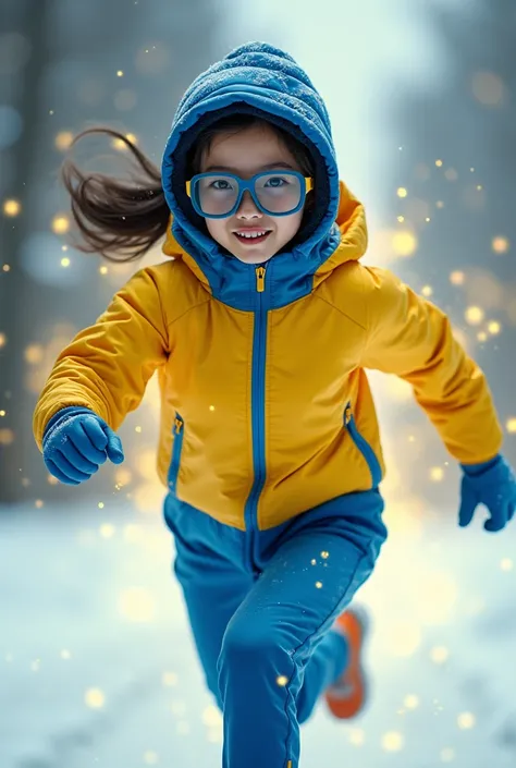 Chinese girl average age 15 year old wear jumpa shuit high tech(( blue yellow)). Running effect. Glowing yellow power. Runfast effect. Wear blue big glasses big frame. Braces teeth. Boleh background. Panning effect.wear yellow blue snow cap . 