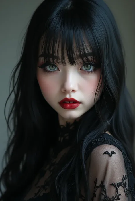 A beautiful girl with long, sleek black hair and bangs, Gothic dress with neckline, Black makeup and fangs