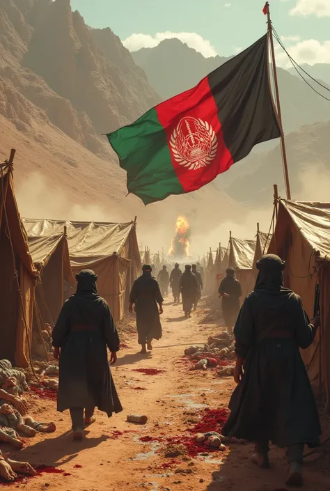 A war prone area in Afghanistan
Weather-: Sunny and bright
Climate -: warm desert 
Biome -: afghan mountains and semi desert 
Scene 
Few broken tents which women and children are injured and bleeding 
In left hand side near mountain we can see big pole afg...