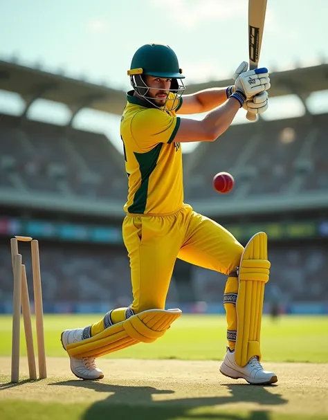 Give me a yellow jersey with AUS written on it. A cricket player wearing white sneakers and a dark green helmet is hitting a cricket ball.，顶光drop shadow, anaglyph, stereogram, tachi-e, ass pov, atmospheric perspective, 8k, super detail, best quality