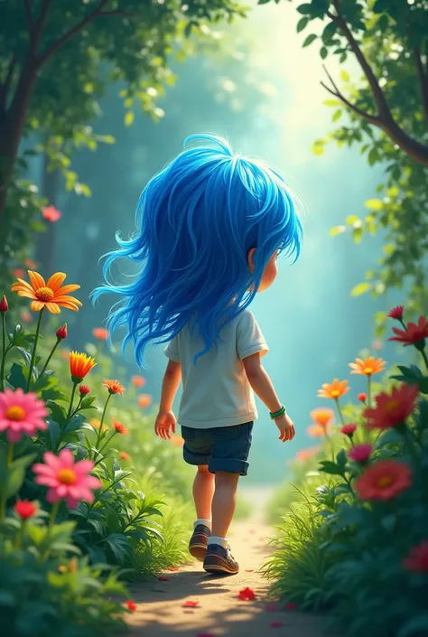 A short  boy with blue hair  his hair shines like blue ruby and is long to his shoulders his hair is long
He is wearing a white shirt and walking in a garden and we can see his face