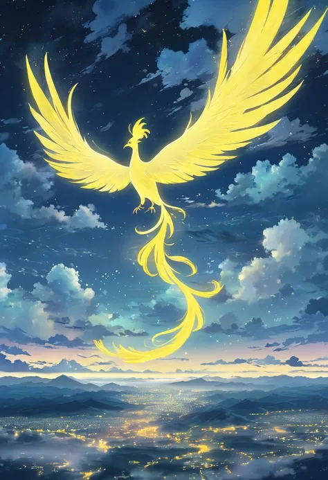 night view with clouds and a yellow phoenix in the distance, pastel color