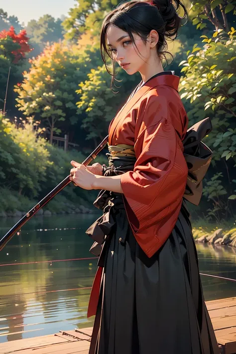 ((masterpiece, highest quality, Highest image quality, High resolution, photorealistic, Raw photo, 8K, Extremely detailed CG unified 8k wallpaper)), Fishing Samurai girl, black hair tied back, detailed beautiful face, detailed female hands, wearing red kim...