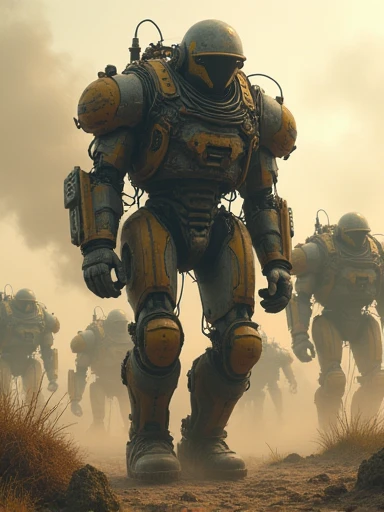 (Masterpiece.UHD.photorealistic analog photography. 1950 style) In a dystopian retro futuristic world. inside a 3 meter tall exo skeleton armor,  a tired warrior. Wires, tubes, diesel punk. Smoke. Steam.surrounded by 1930 clunky evil war robots. early even...