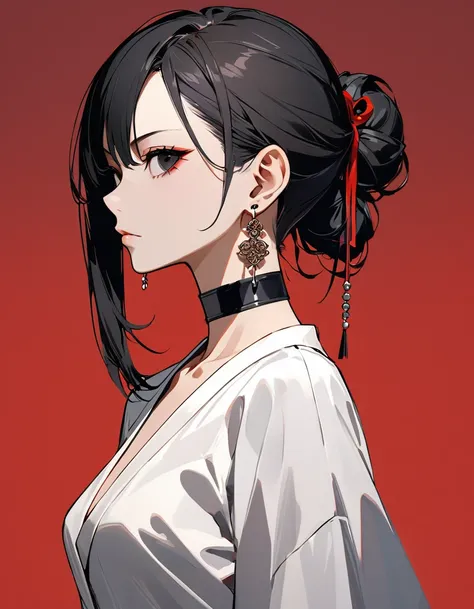 best quality, yakuza girl, beautiful, hair tie, 8K, expressionless, side body, head tilt look view, black eyes, slim, dress, earrings, choker, concept, red background