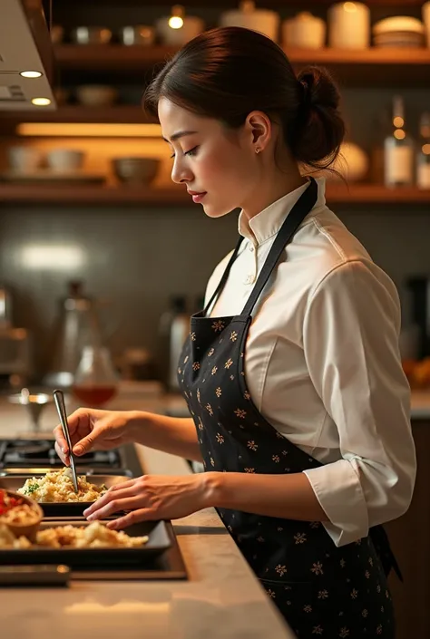 Create a side-profile shot of a beautiful female chef in a luxurious kitchen. She is actively cooking, surrounded by various kitchen utensils. The kitchen environment is elegant, with a warm yellow color scheme that highlights the sense of luxury