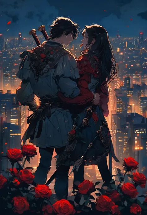 a pair of lovers with a sword sticking out of each of their backs, both carrying red roses.  a pair of lovers facing each other, night city view