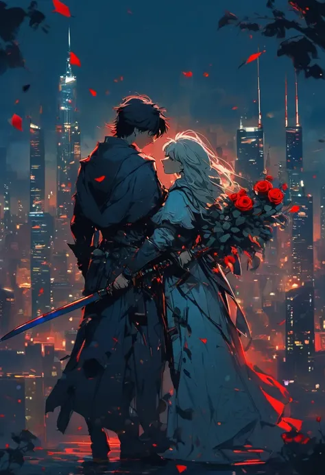 a pair of lovers with a sword sticking out of each of their backs, both carrying red roses.  a pair of lovers facing each other, night city view