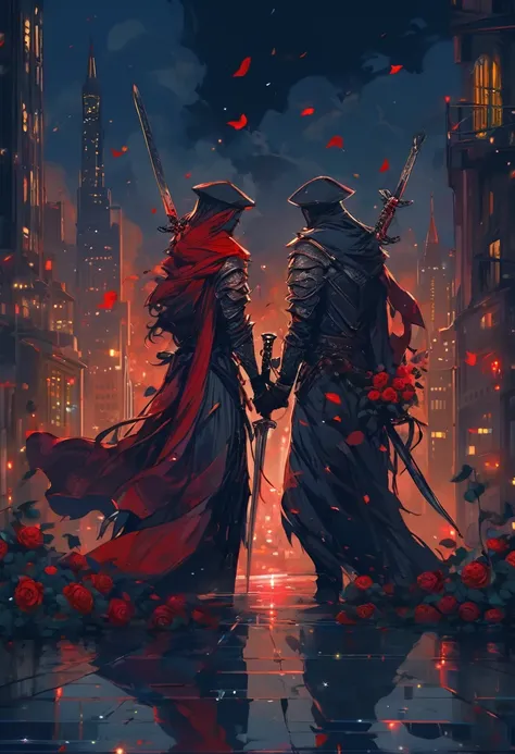 a pair of lovers with a sword sticking out of each of their backs, both carrying red roses.  a pair of lovers facing each other, night city view