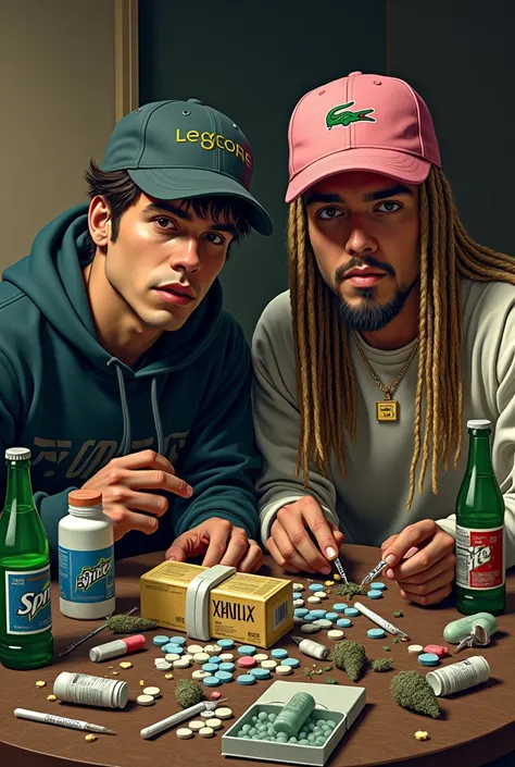 two guys, grunge style, one has short black hair and wears a lacoste cap, no beard, the other one has a long goatee, and long braided blonde hair, under the sholders, with a pink hat.  drinking codeine, with boxes of xanax and some pills over a table, a lo...