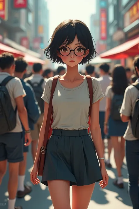 Asian girl looking at me while she going to the class short hair and the round classes short skirt with tight shirt shes in the full of crowd realistic 