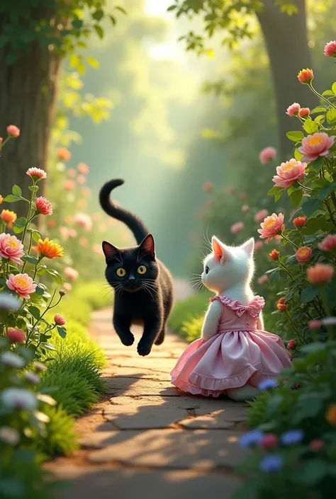 The black cat ran away from this beautiful garden, leaving the beautiful white cat in a pink dress.