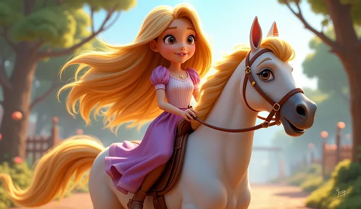 3D illustration of the Disney princess Rapunzel, riding on her horse in a white outfit with long hair and light brown eyes, in the style of Atey Ghailan, with the text "pop style" written over it in cute letters.